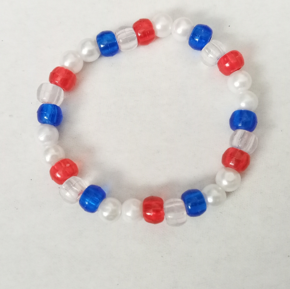 Hand crafted Patriotic red white and blue beaded stretchy statement bracelet